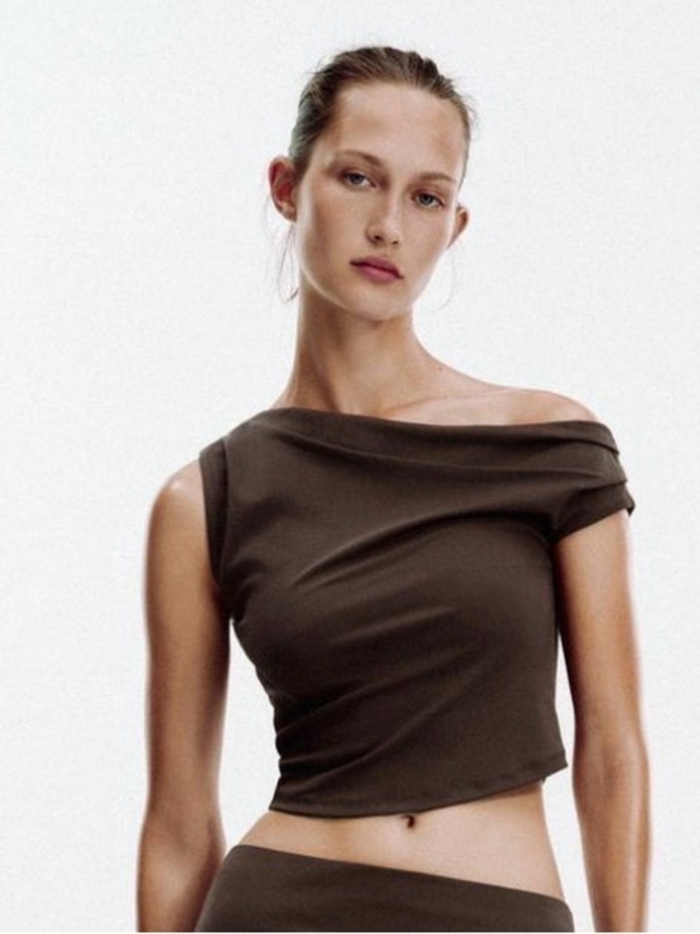 Zara Asymmetrical Off-Shoulder Crop Top in Dark Brown